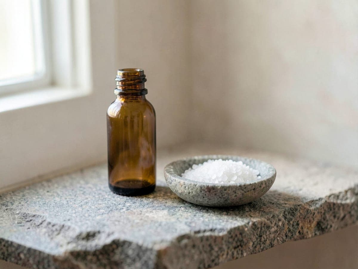 Amber bottle and salt dish on stone