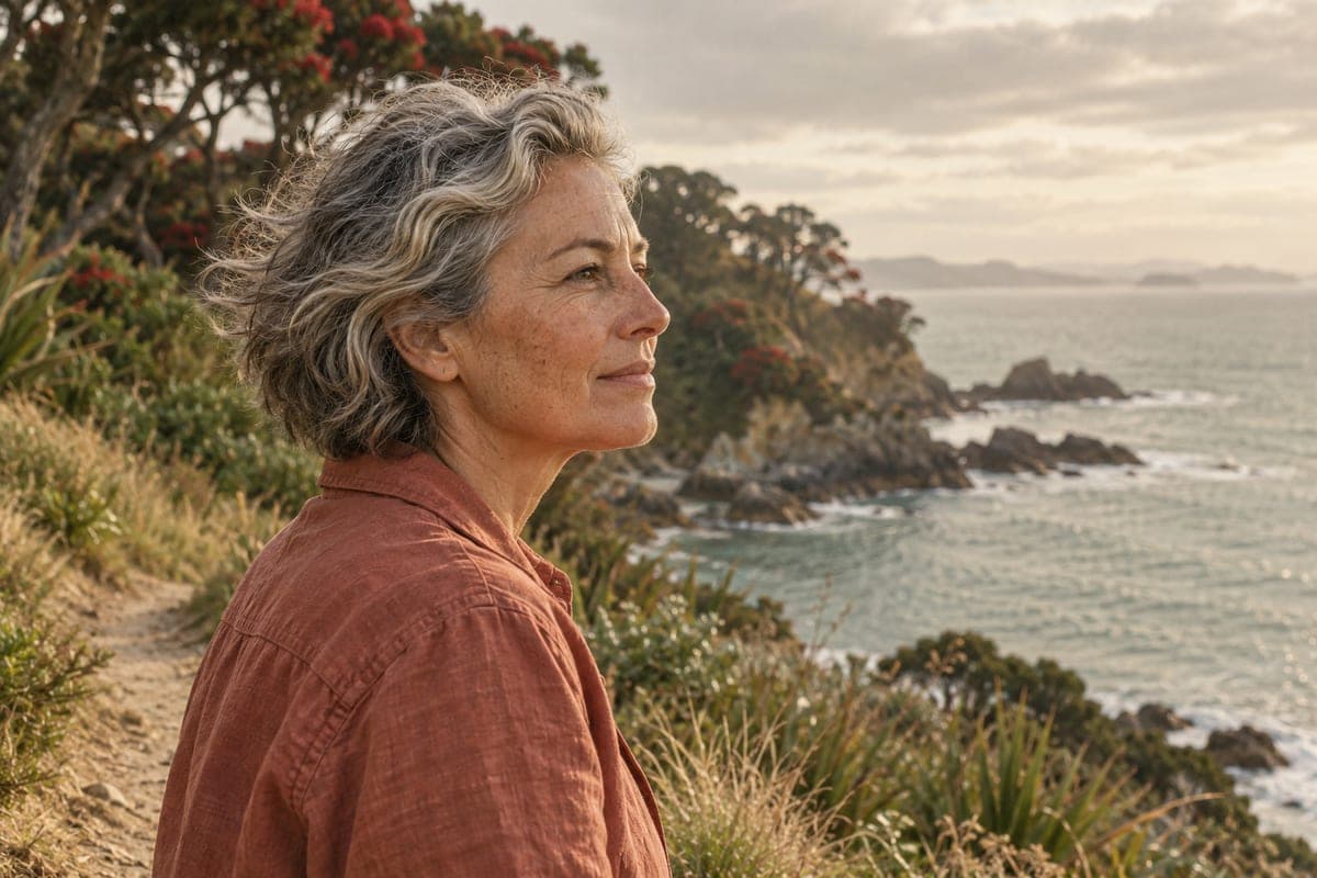A woman in profile looking at the sea