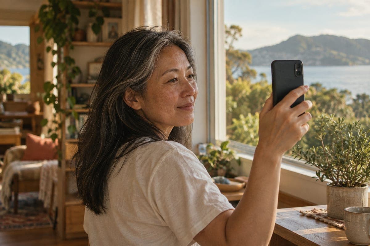 A woman taking a photograph of her face with a phone