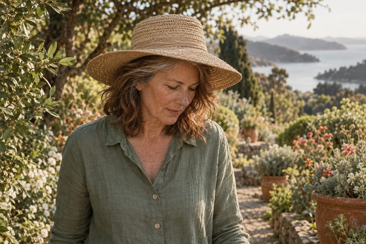 A woman wearing a sunhat in a garden