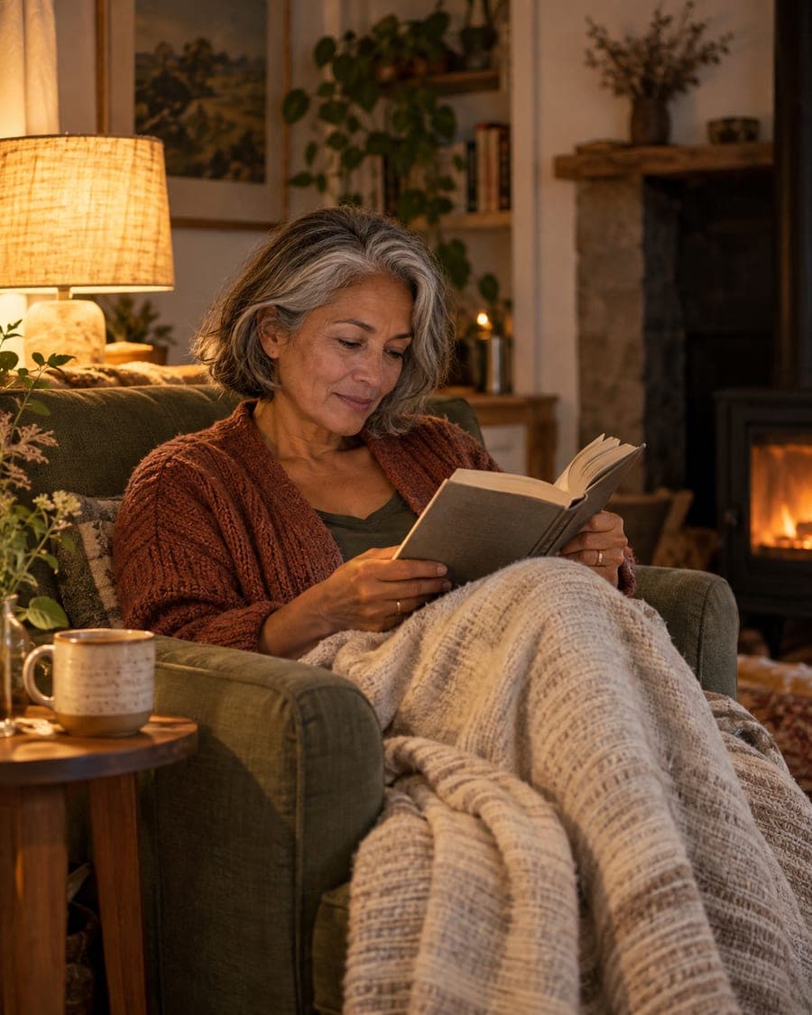 A woman reading under a lamp at night