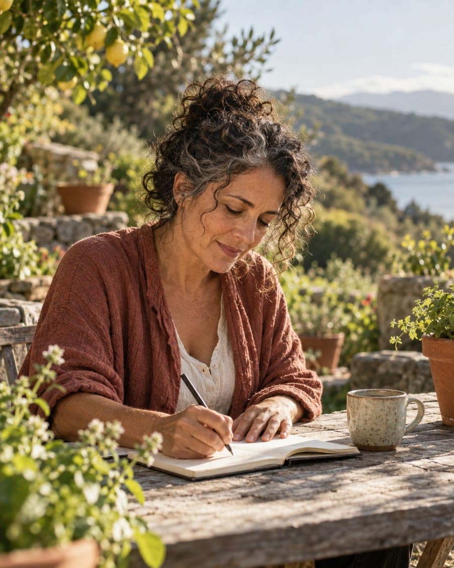 A woman writing at a garden table