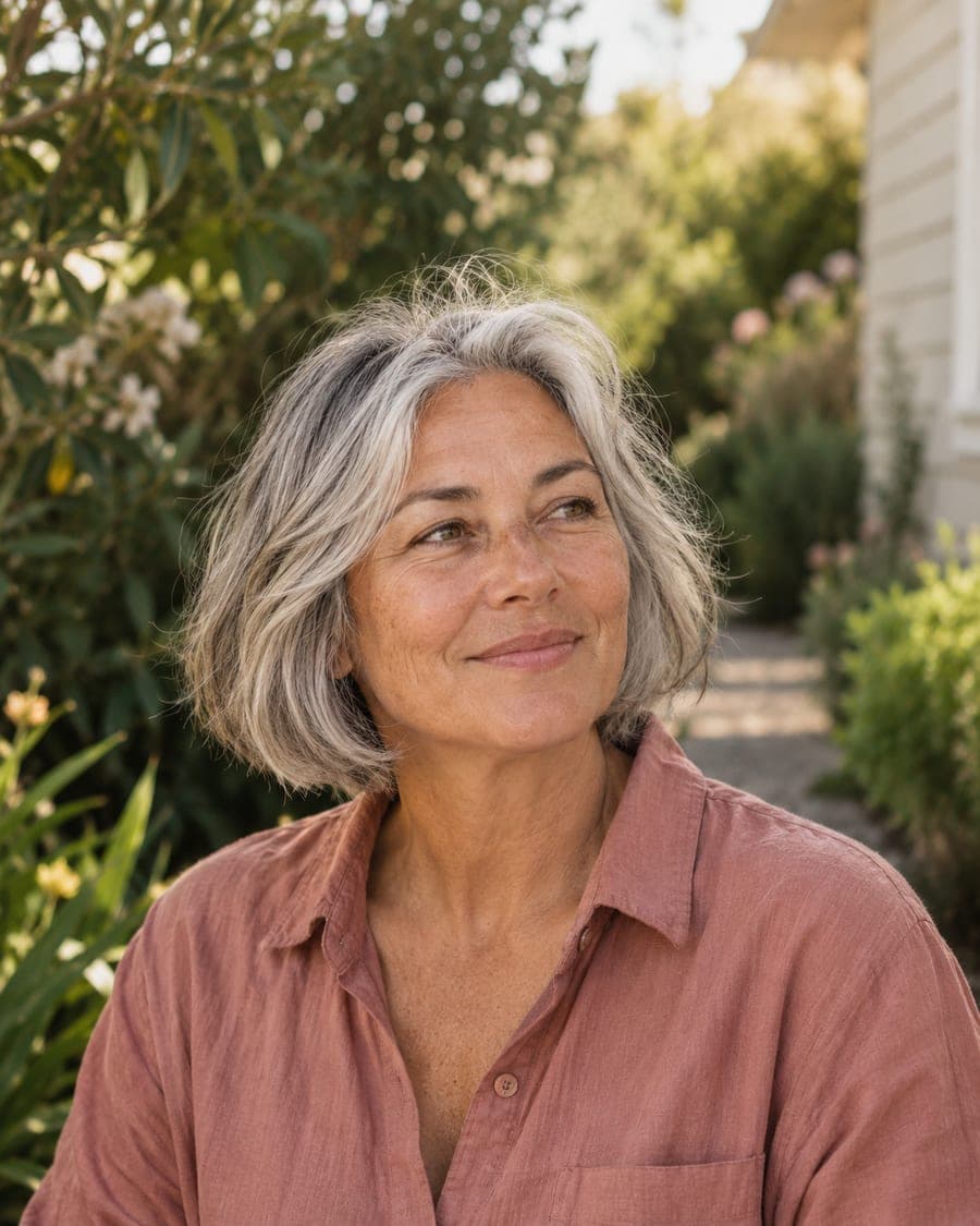 A woman in her fifties outdoors in afternoon light