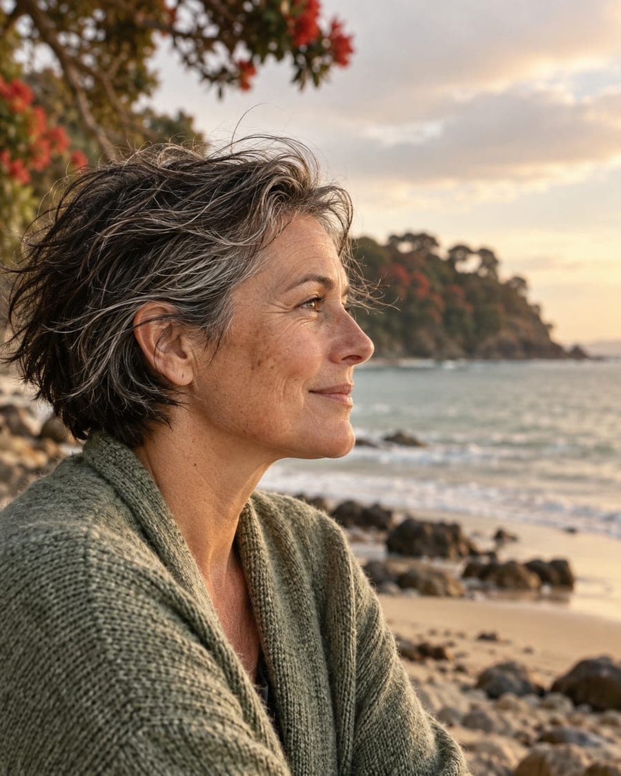 A woman in profile looking at the sea