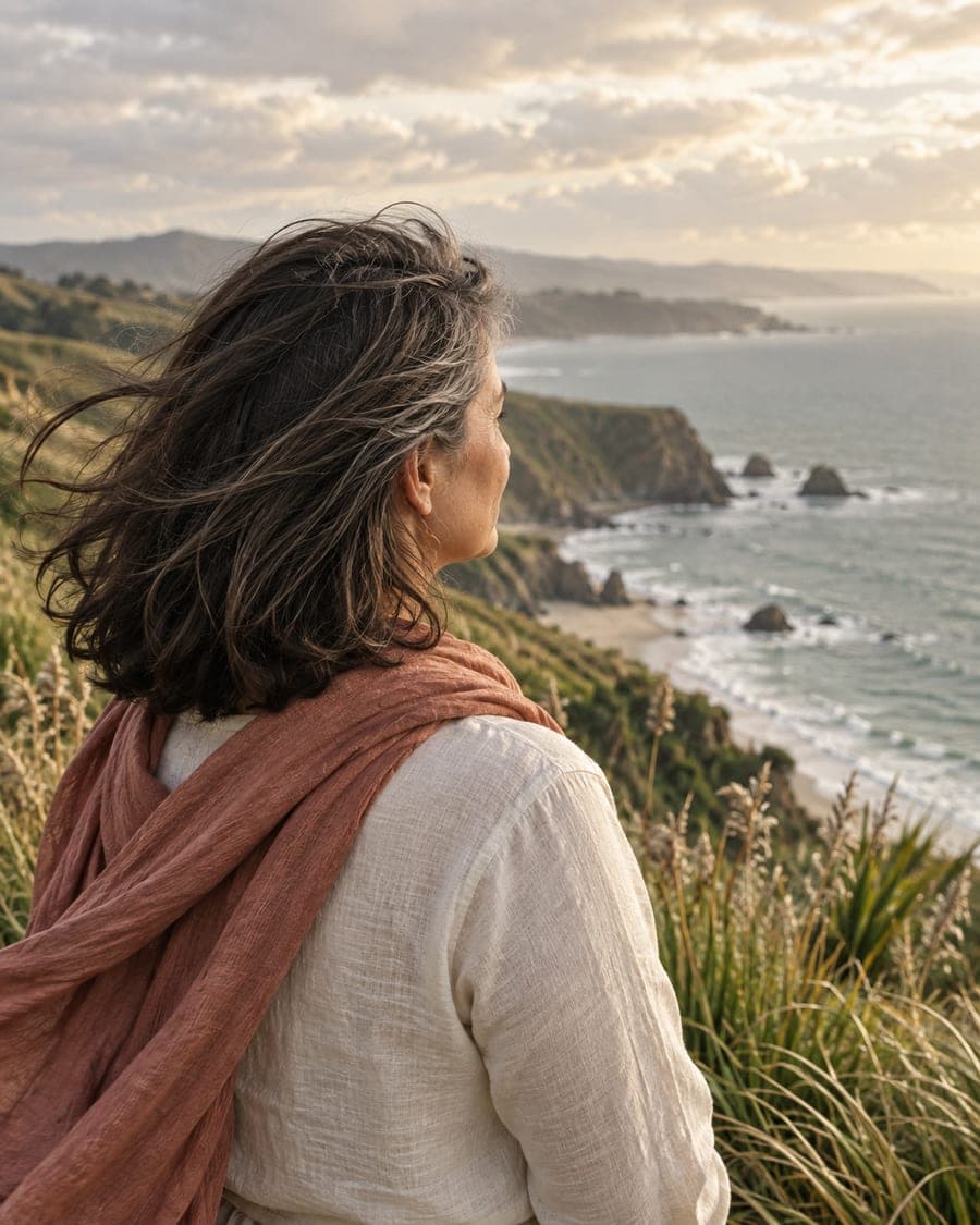 A woman's hair in the wind on a clifftop