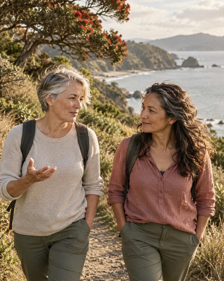 Two women walking and talking on a coastal track