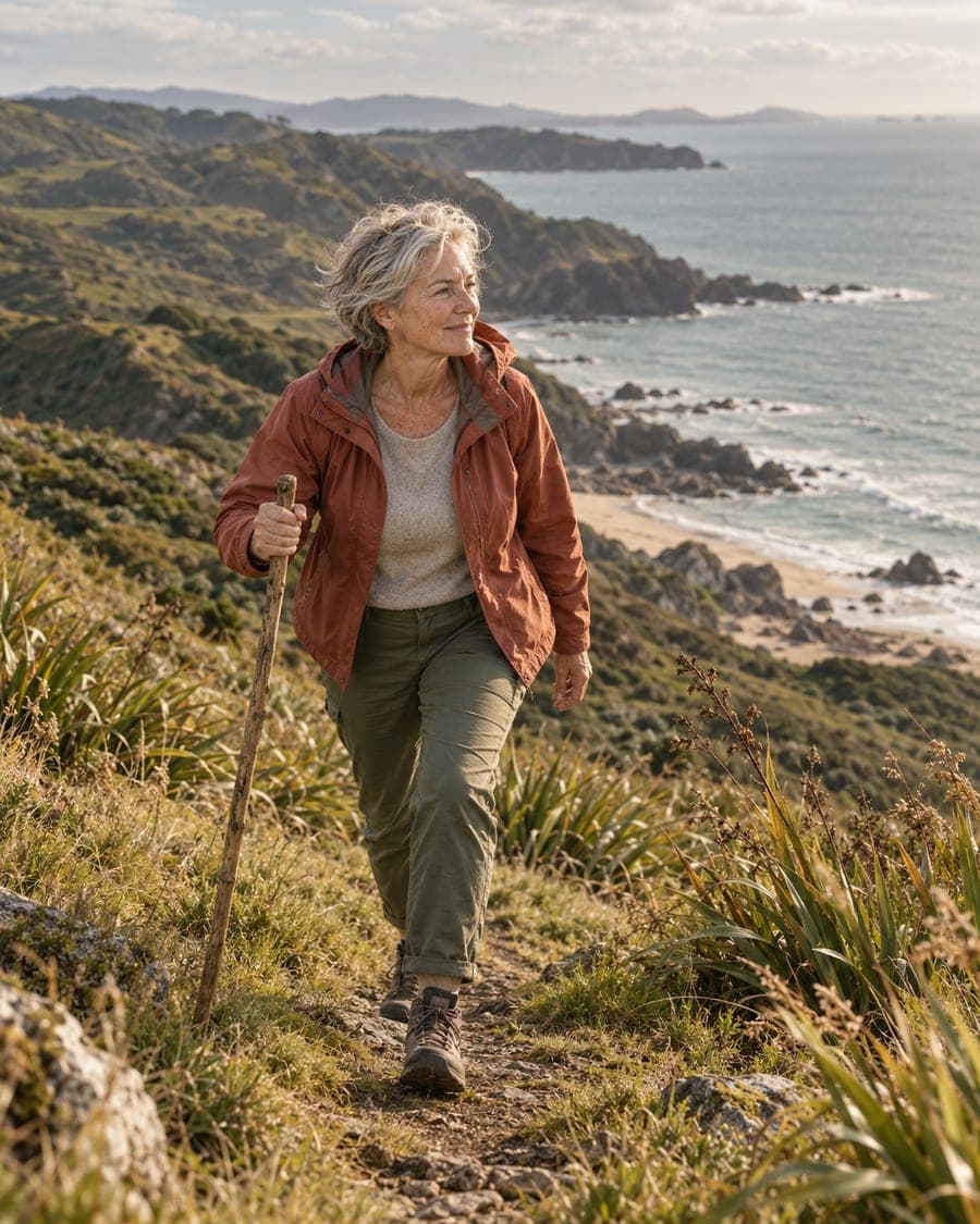 A woman walking up a coastal hill
