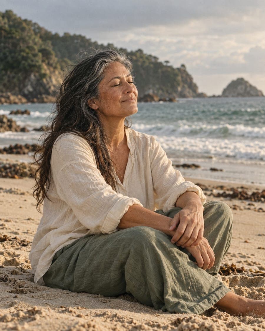 A woman sitting on the sand, eyes closed