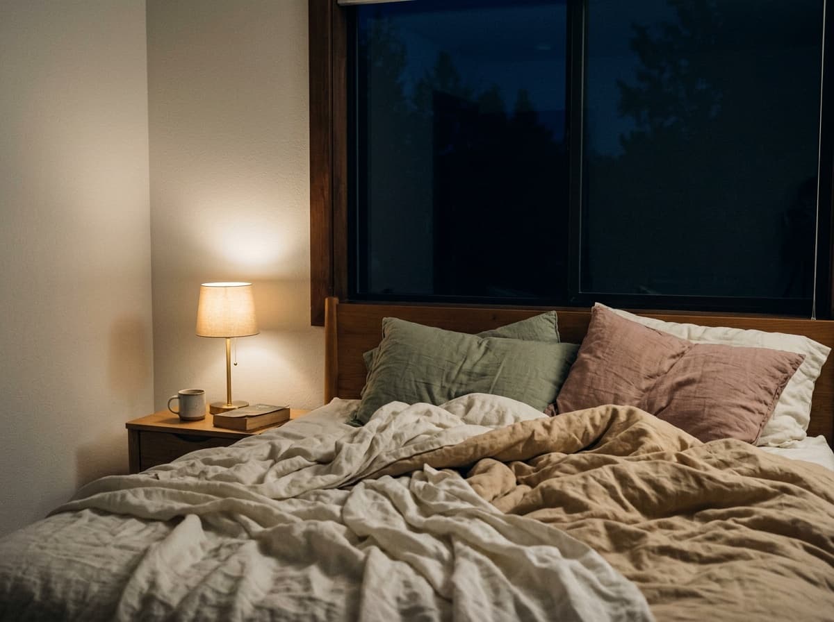 The edge of a bed, lamp still on