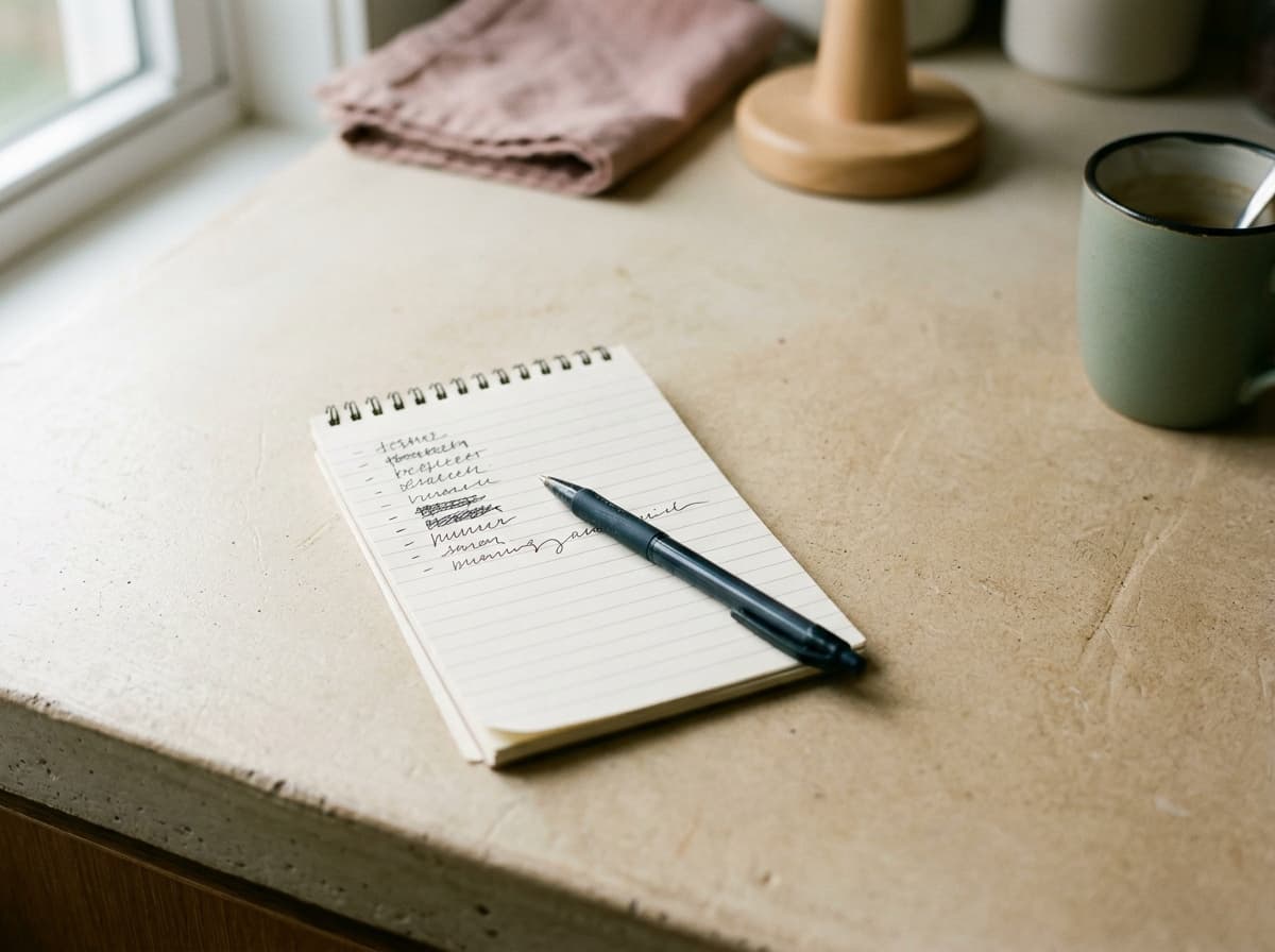 A half-written list on a kitchen bench