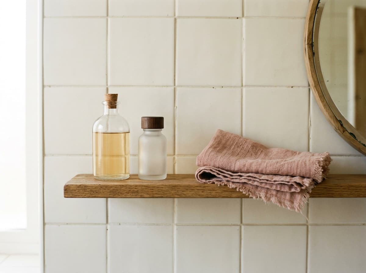 A bathroom shelf in morning light