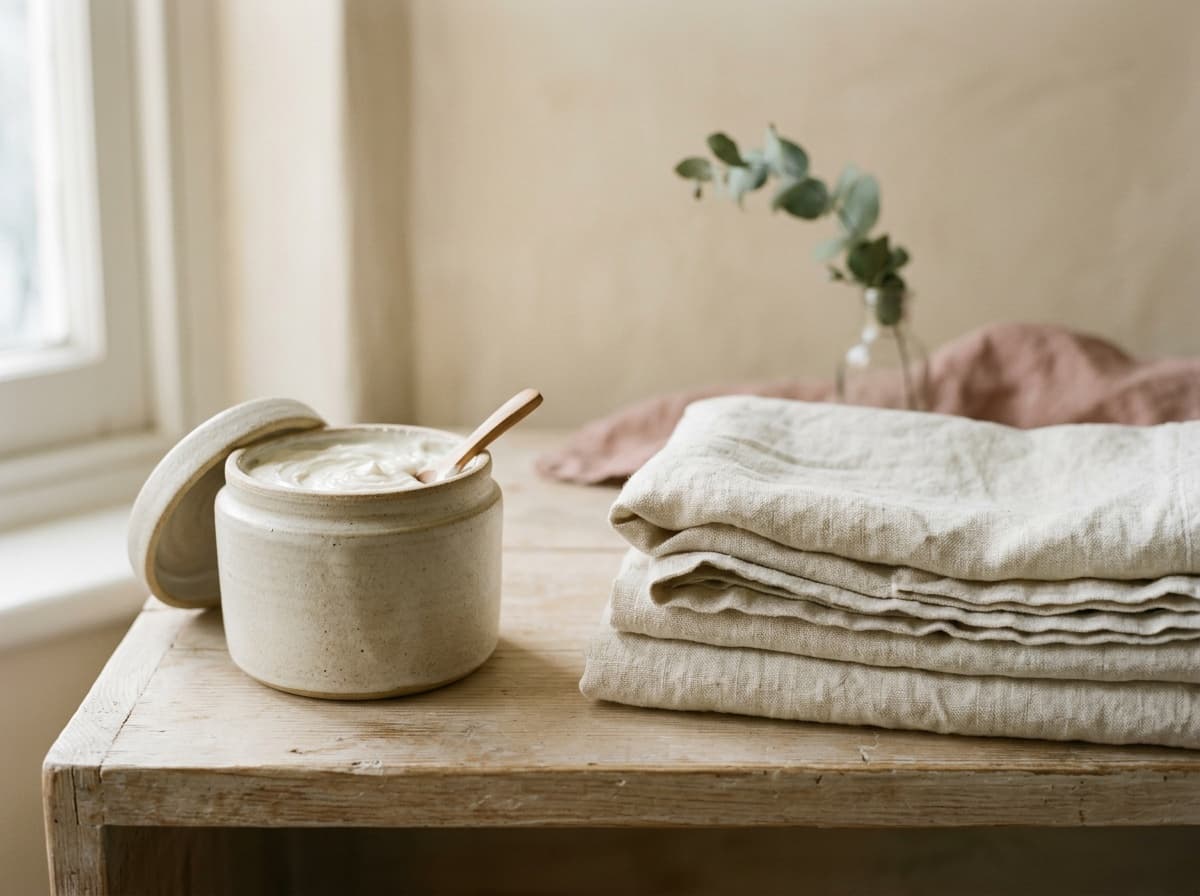 A cream jar and folded linen, winter light