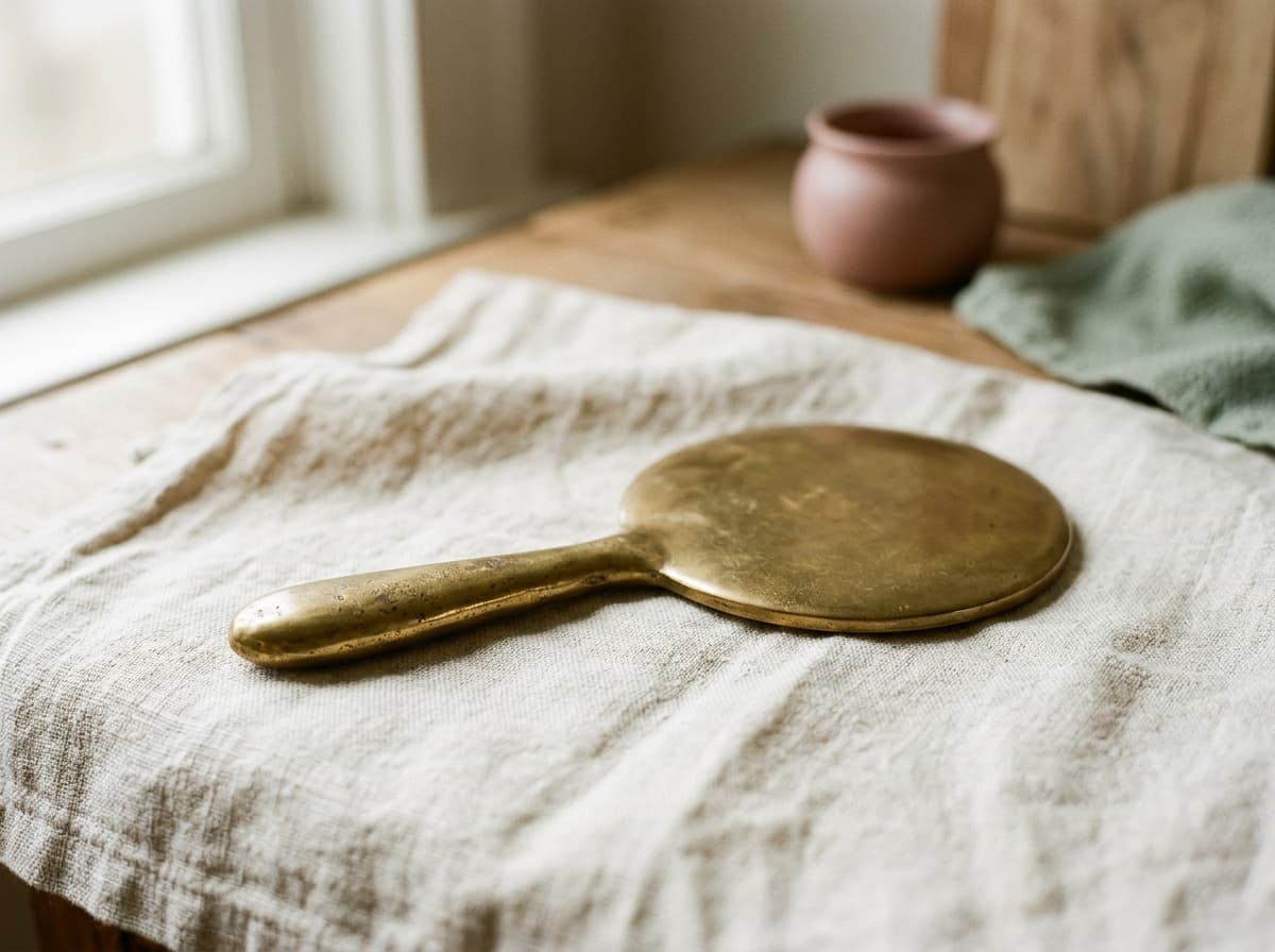 A hand mirror face down on linen