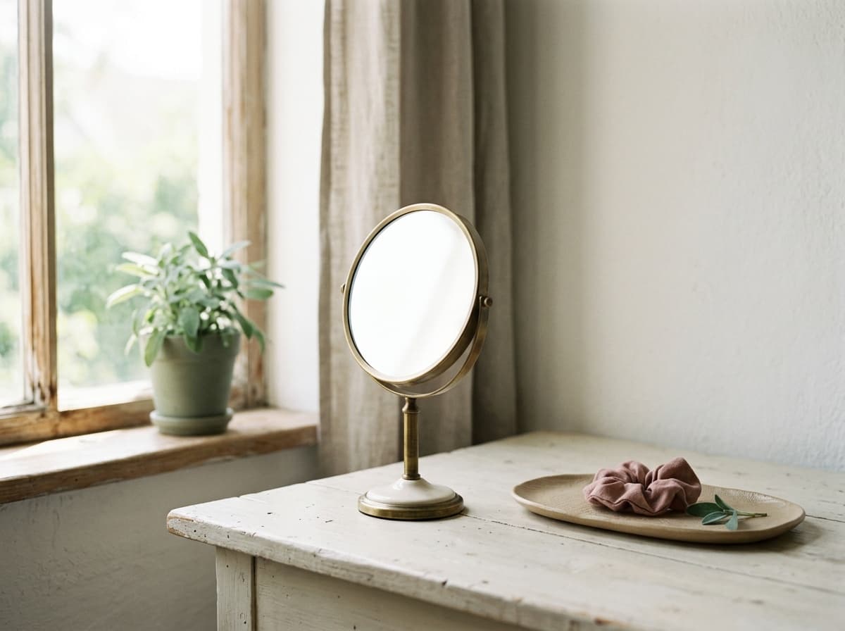 A small magnifying mirror in window light