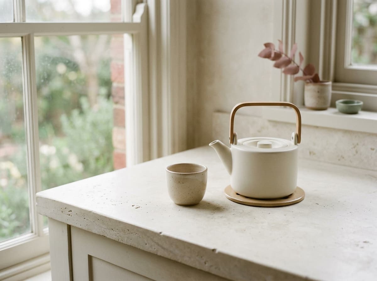 A kettle and one cup, mid-afternoon