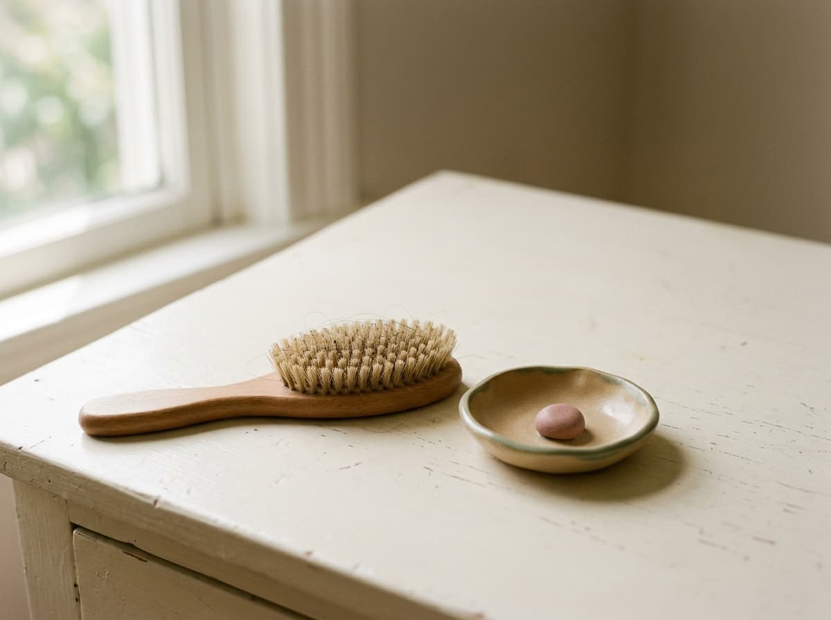 A hairbrush on a bone dresser
