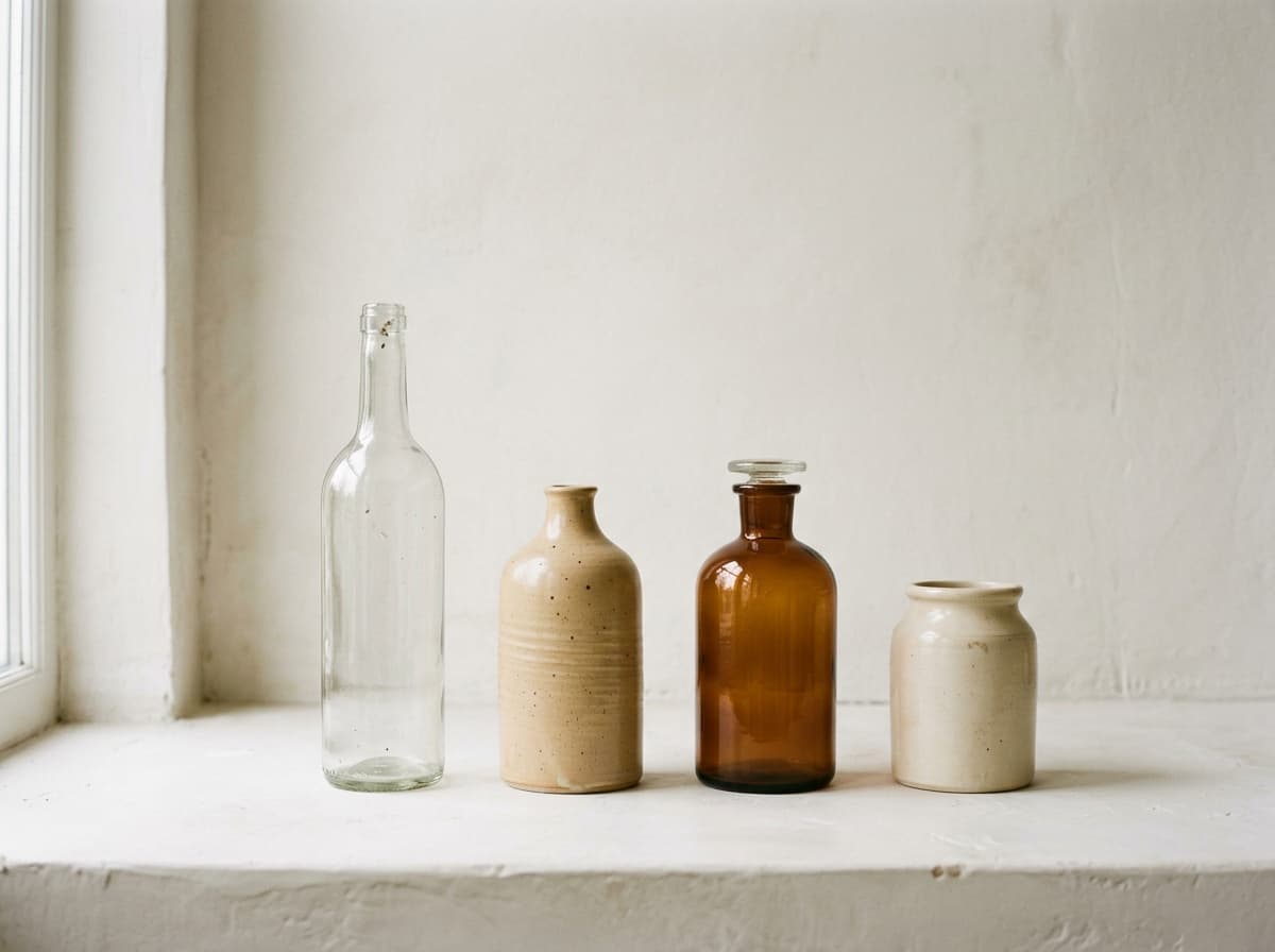 Four plain bottles in a row on bone