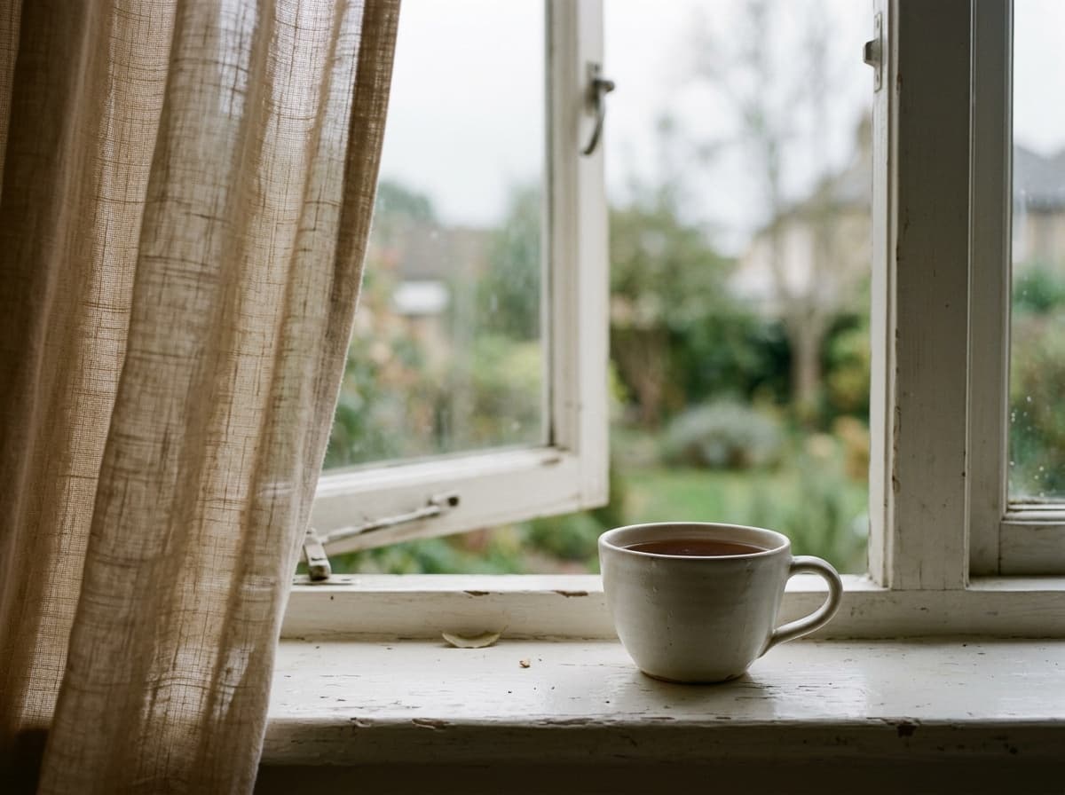 A cup going cold by an open window