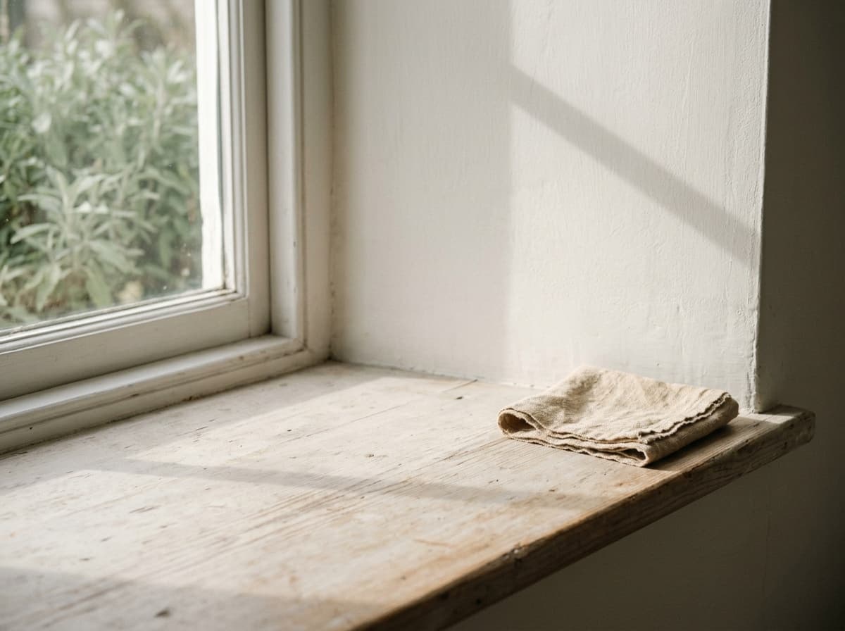 A window shelf, morning, nothing on it yet