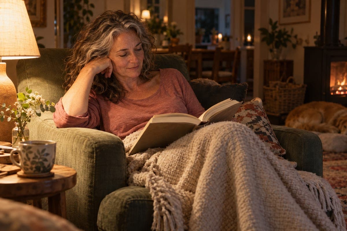A woman reading under a lamp at night with a cup of tea