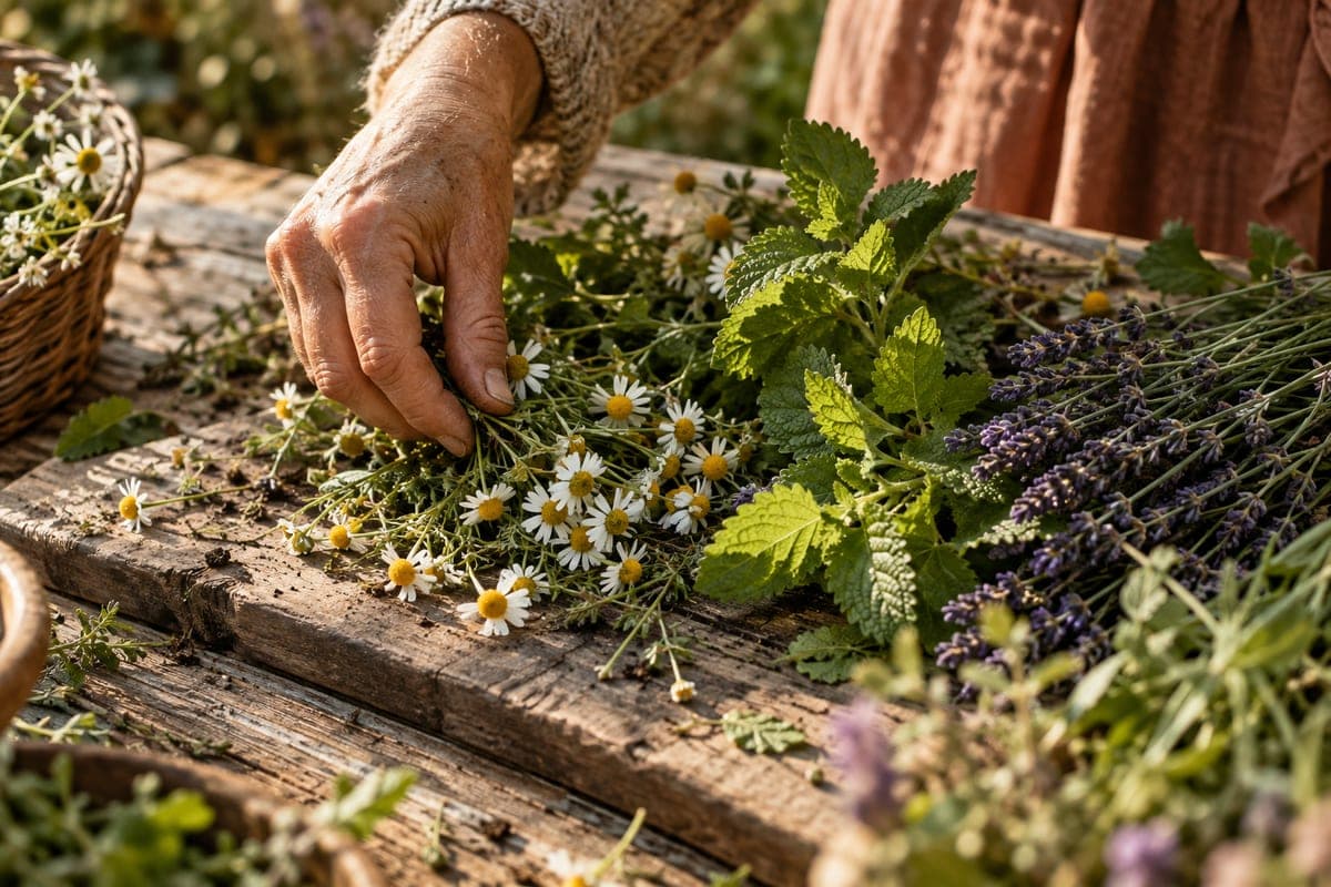 Fresh herbs on a wooden board