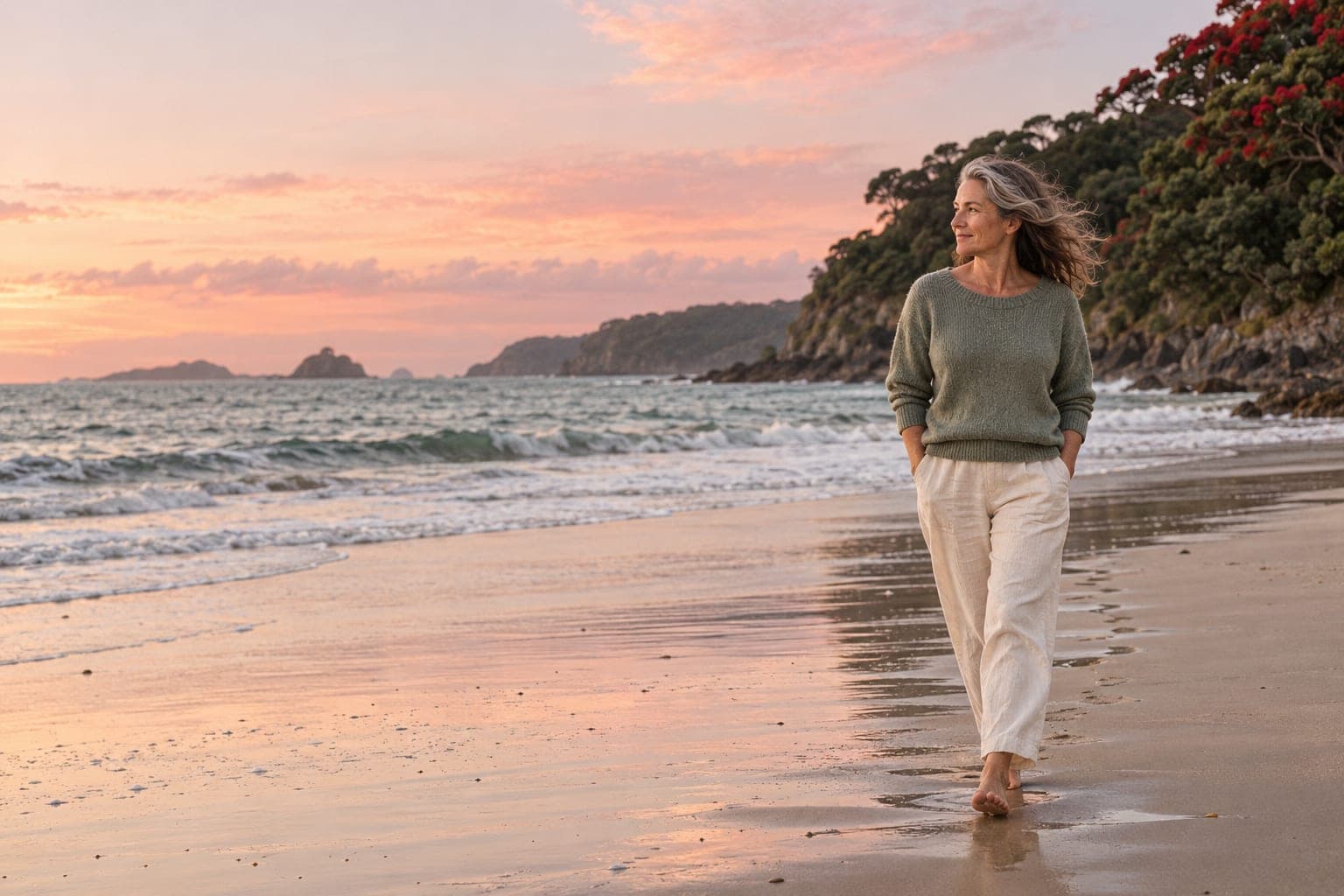 A woman walking along an empty beach at dawn