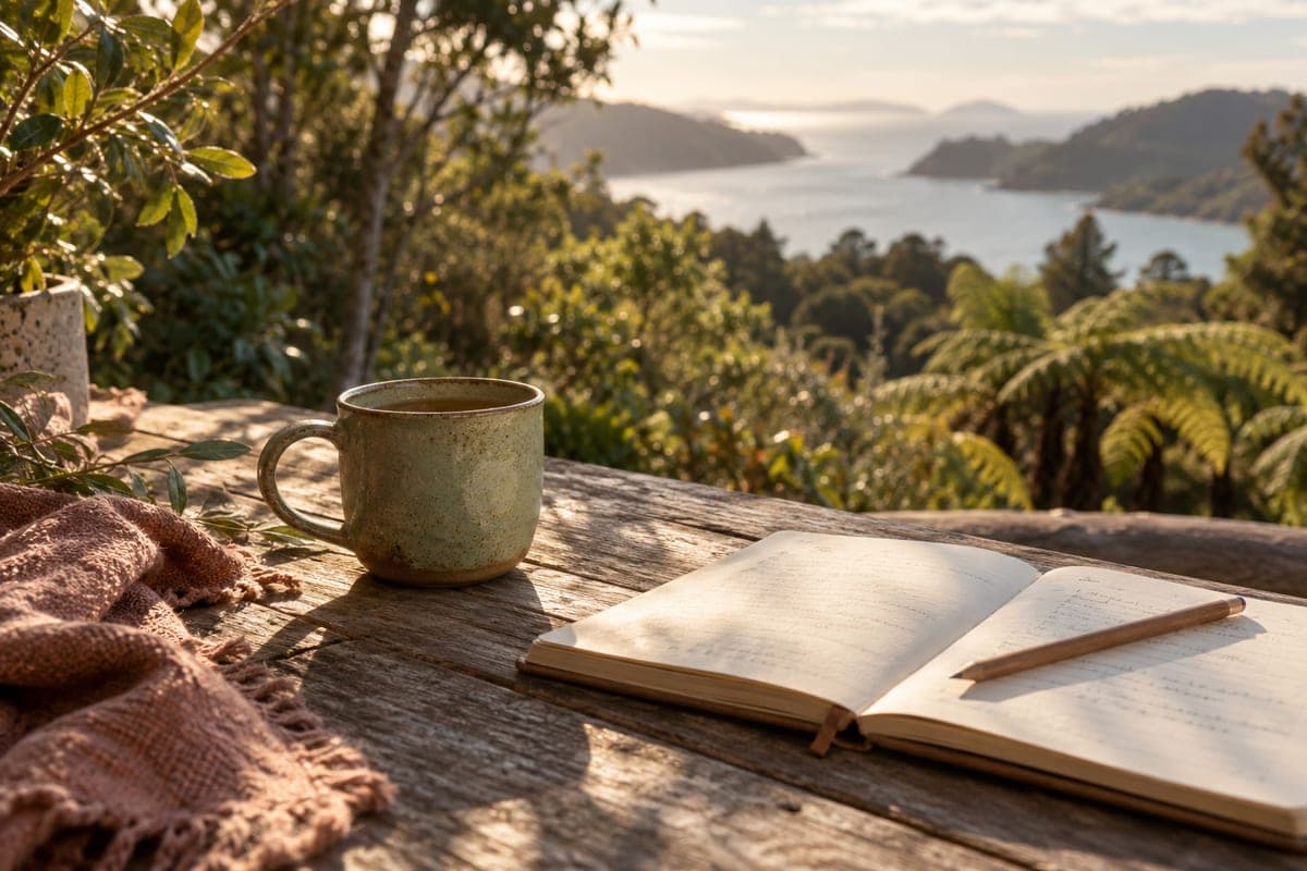 A mug of tea and an open notebook on an outdoor table
