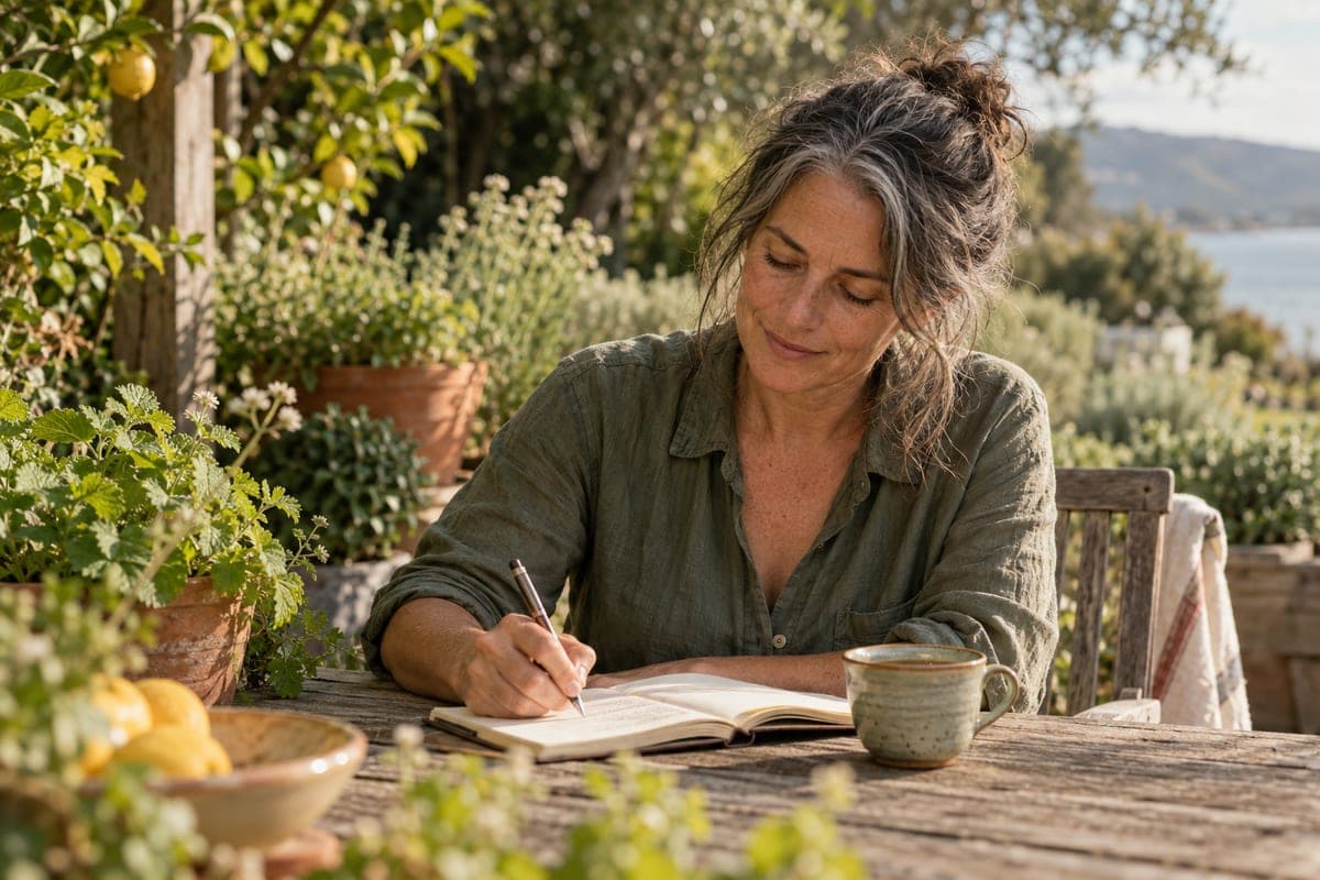 A woman writing in a notebook at a garden table