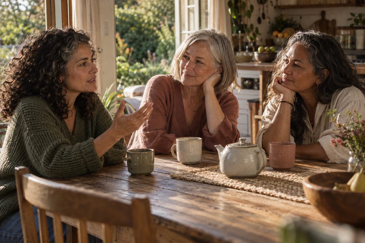 Three women talking around a kitchen table