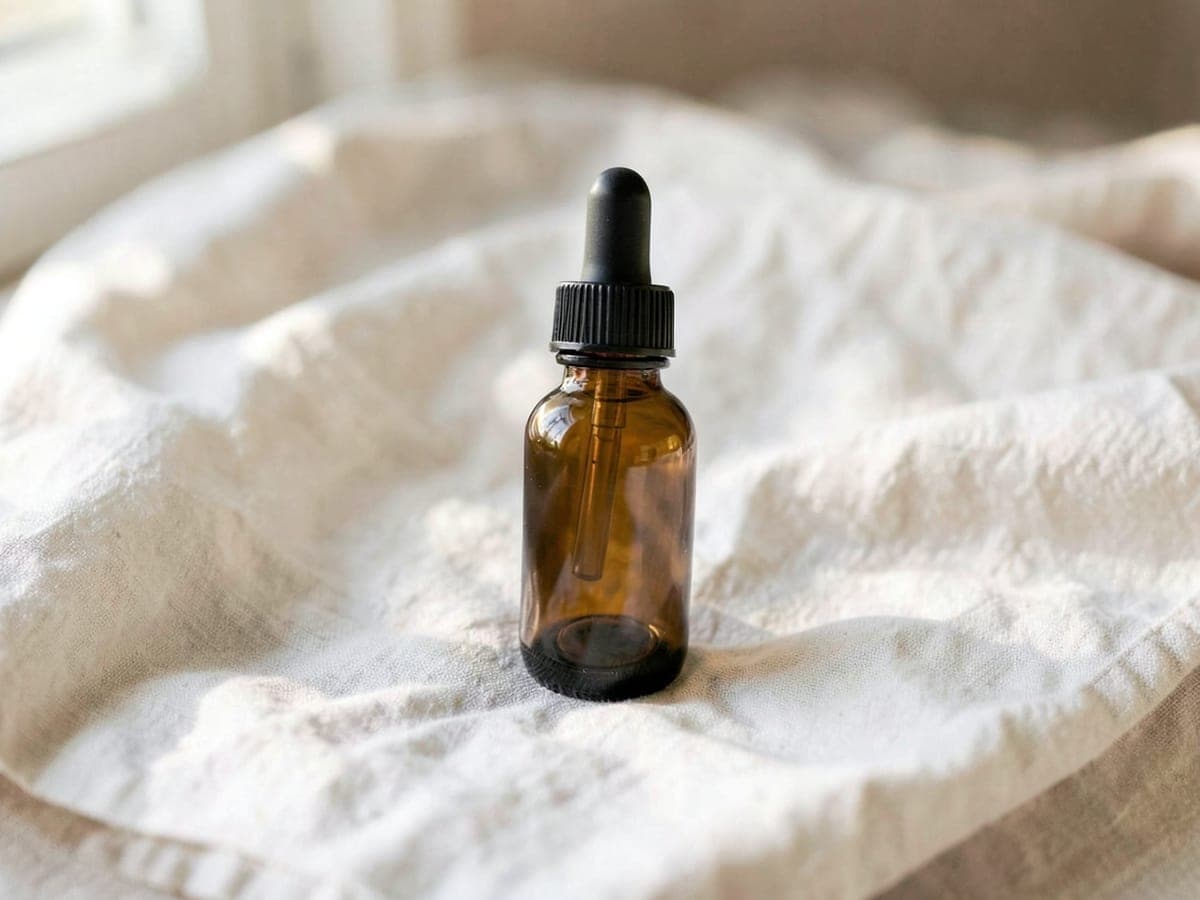 Amber dropper on bone linen, morning