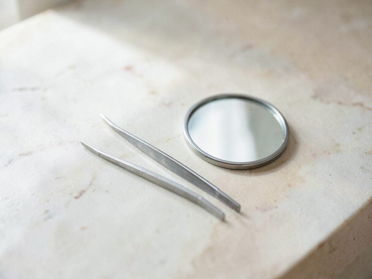 Tweezers and a hand mirror on marble
