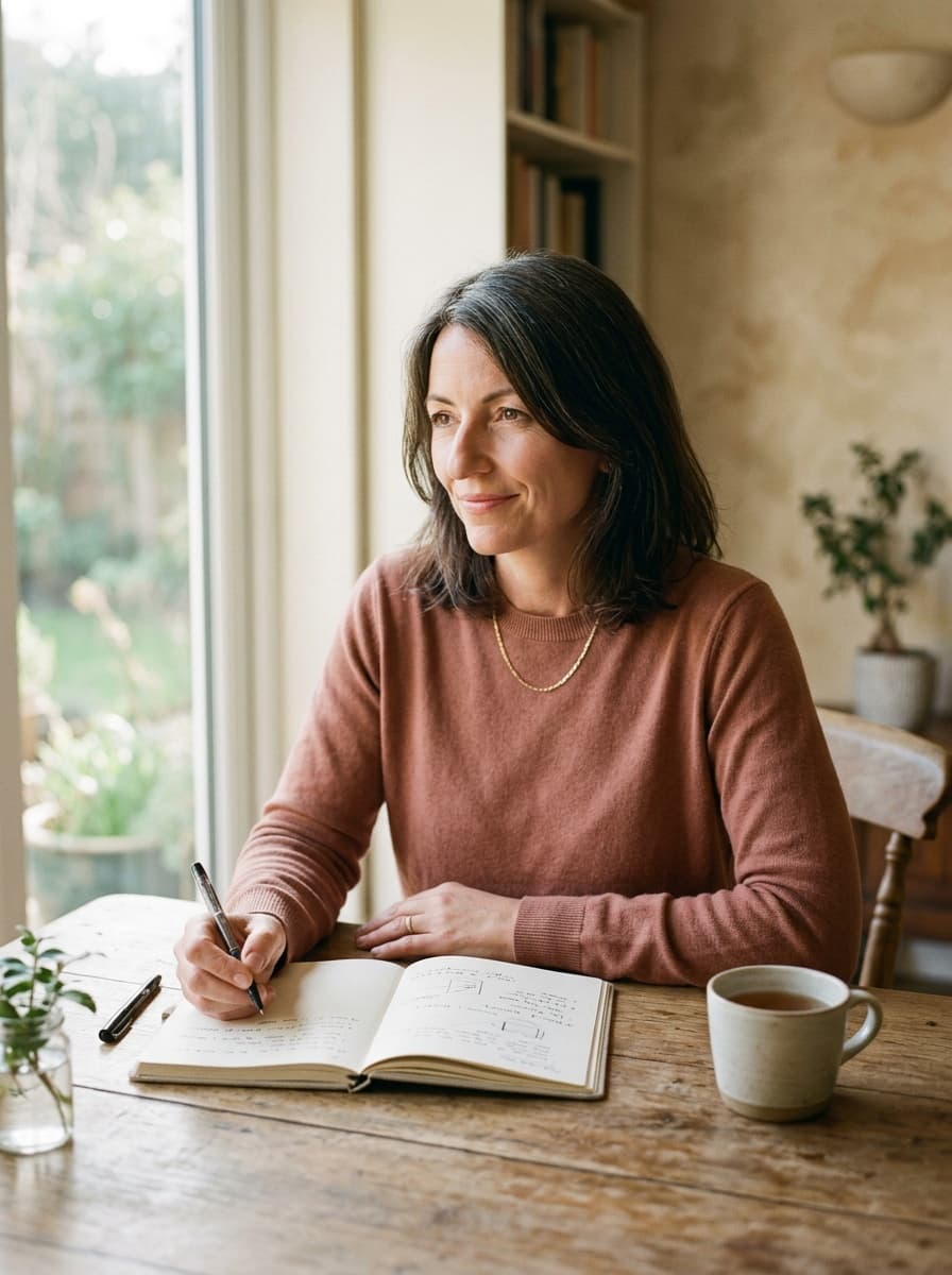 Davina at the desk, notes and warm light