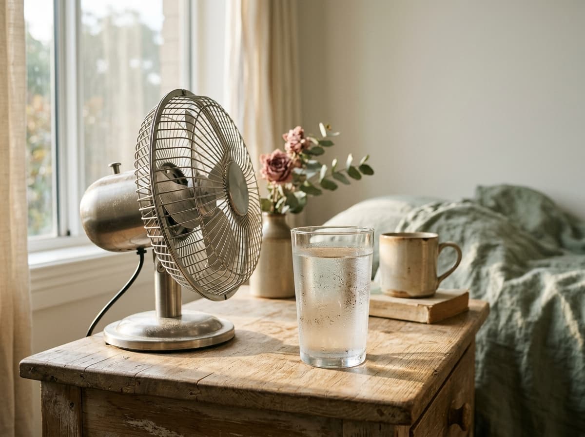 A glass of water and a small fan