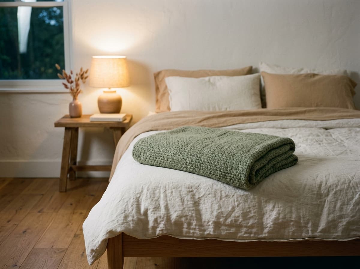 A wool throw at the end of a bed