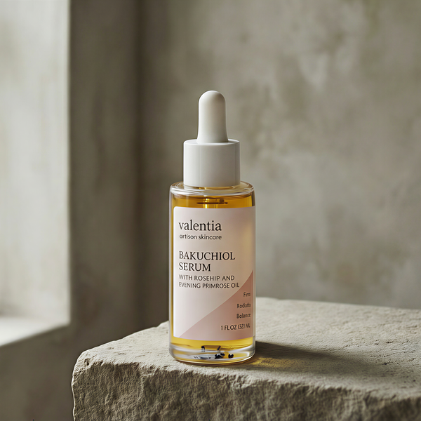 Skincare serum bottle on a stone surface with a neutral background