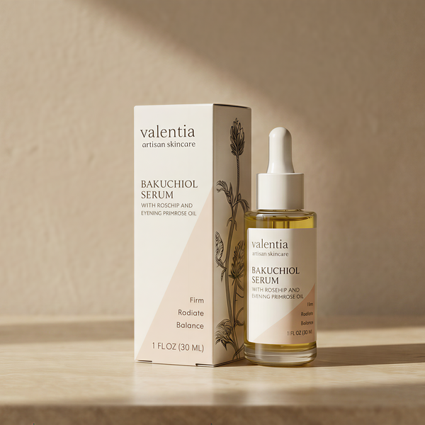 Valentia Bakuchiol Serum bottle and box on a wooden surface with a beige background