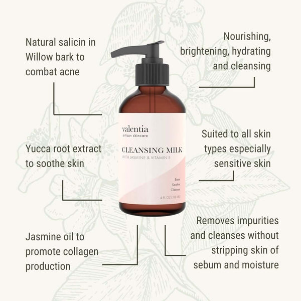 Cleansing Milk - Natural Salicin, Yucca Root + Jasmine - Valentia Skincare