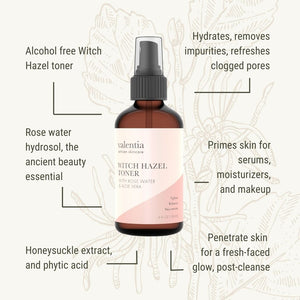 Witch Hazel Toner - Rose Water, Aloe + Honeysuckle - Valentia Skincare