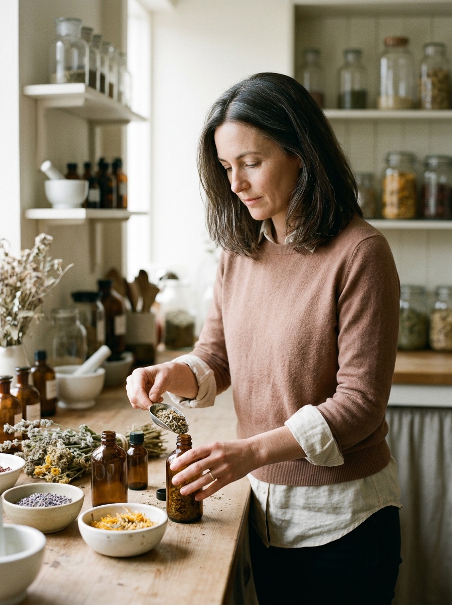 Davina in the apothecary, hands working, not posed